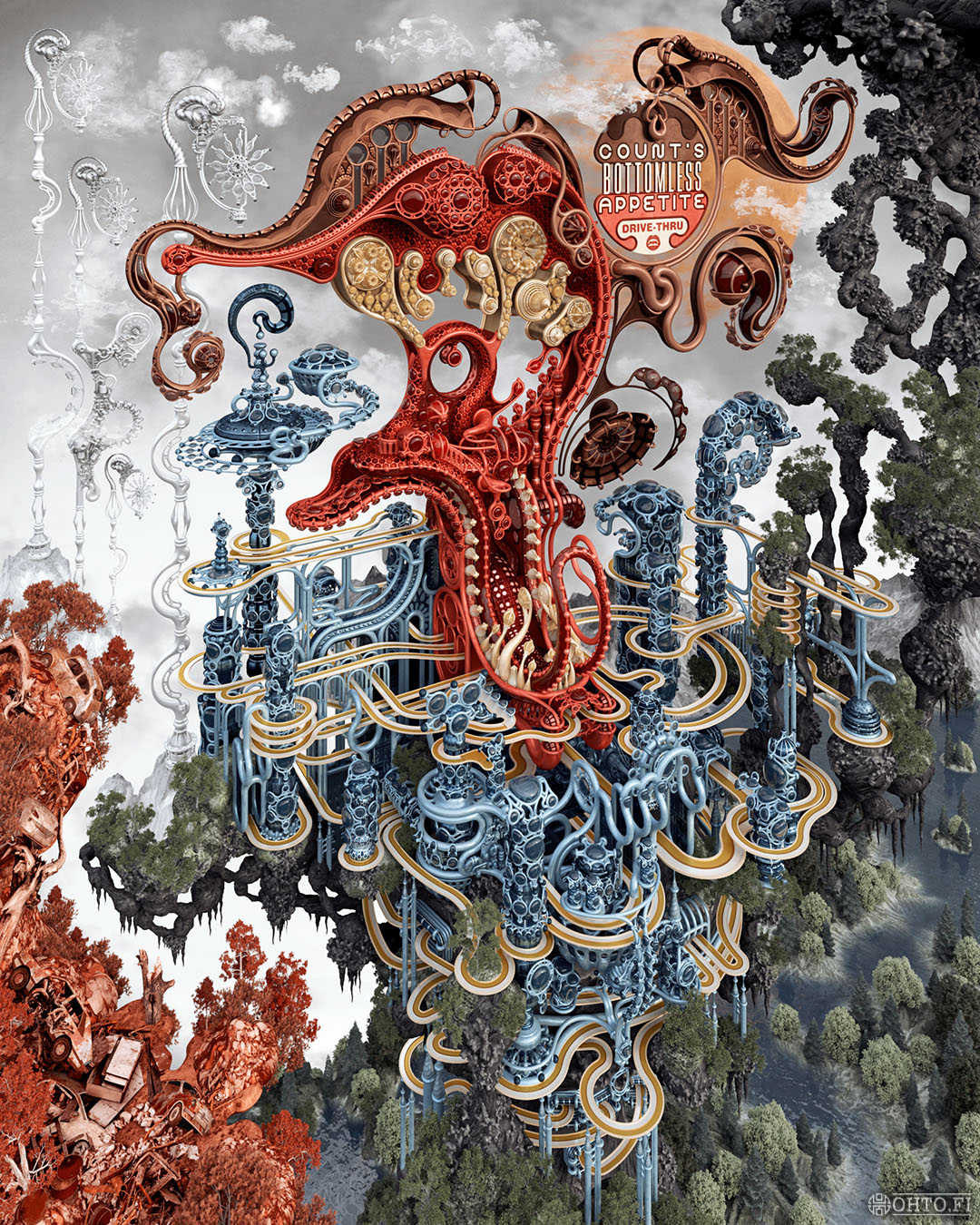 Count's Bottomless Appetite, a 3D-illustration of a drive-thru fast-food restaurant, made with 3ds Max.