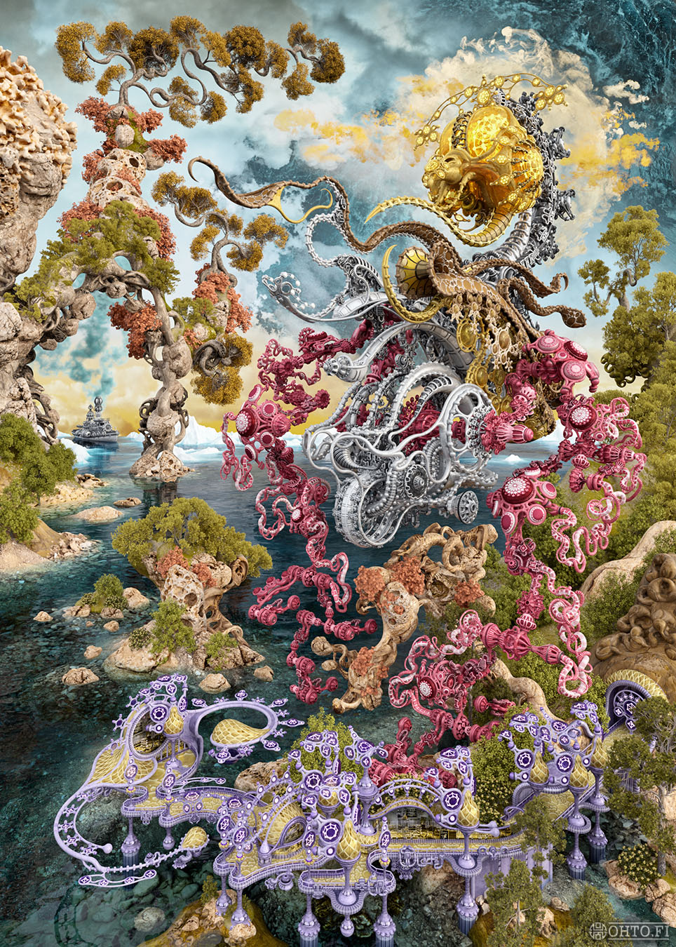 The Wading Lighthouses of Oceania, a 3D-illustration about robotic and birdlike lighthouses, made with 3ds Max.