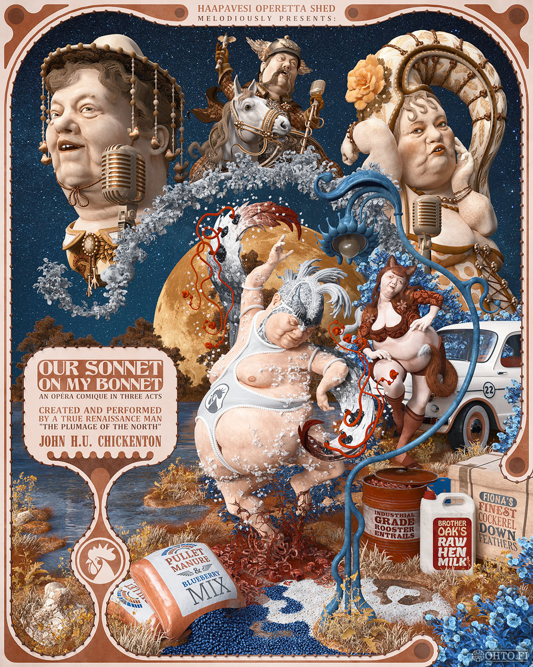 Our Sonnet on My Bonnet, a poster for an imaginary operetta, made with 3ds Max and ZBrush.